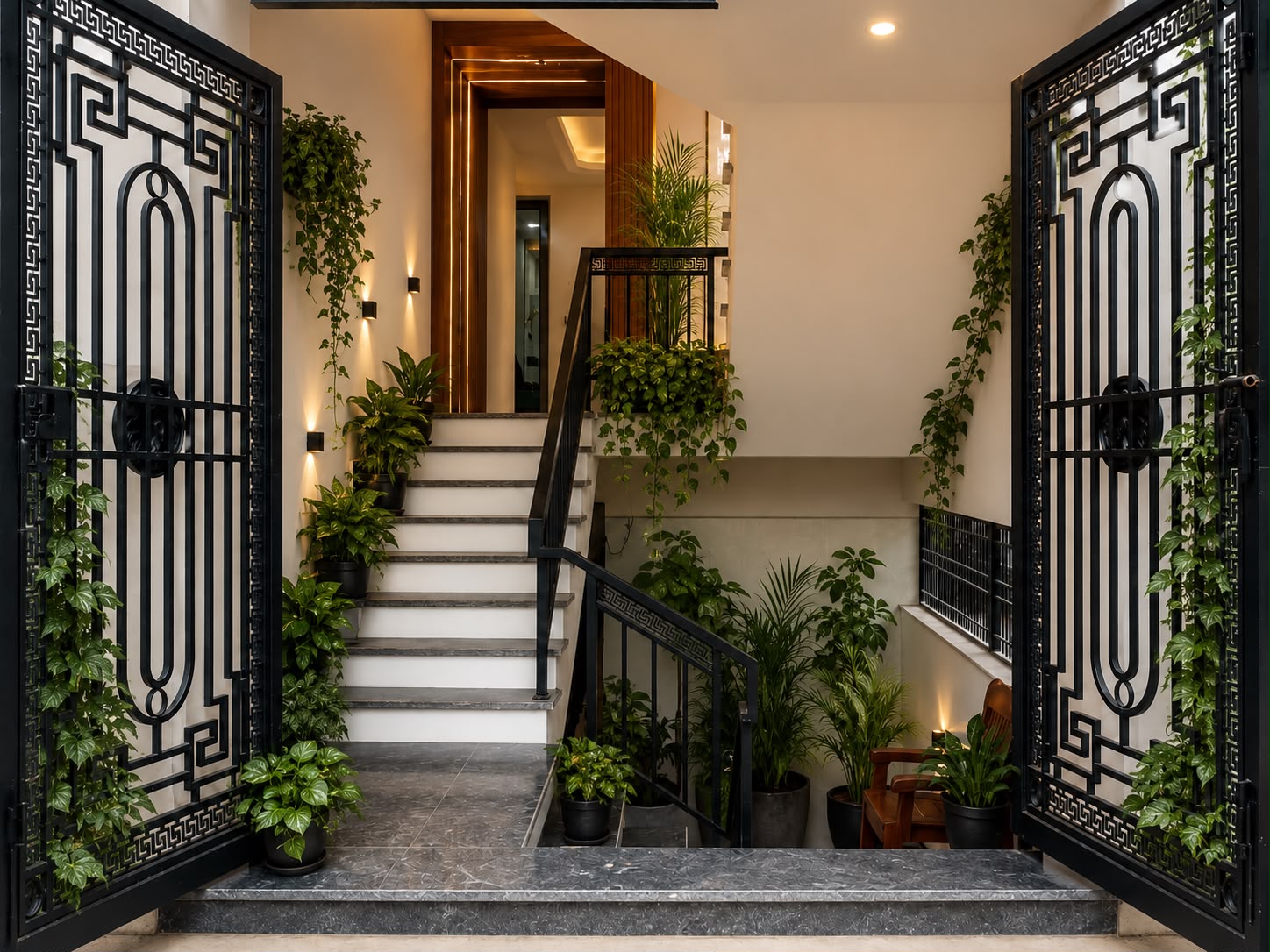 Grand entrance and staircase with greenery