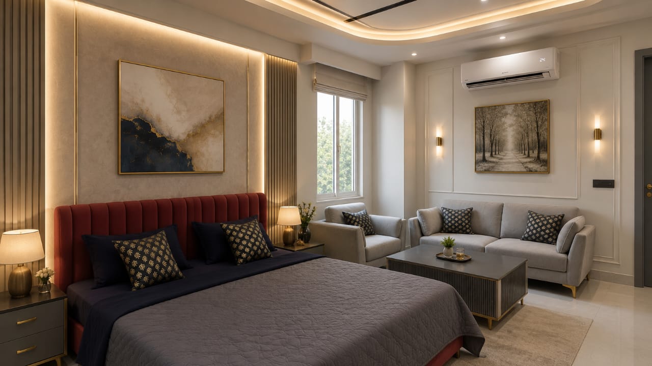 Furnished studio bedroom with lounge seating