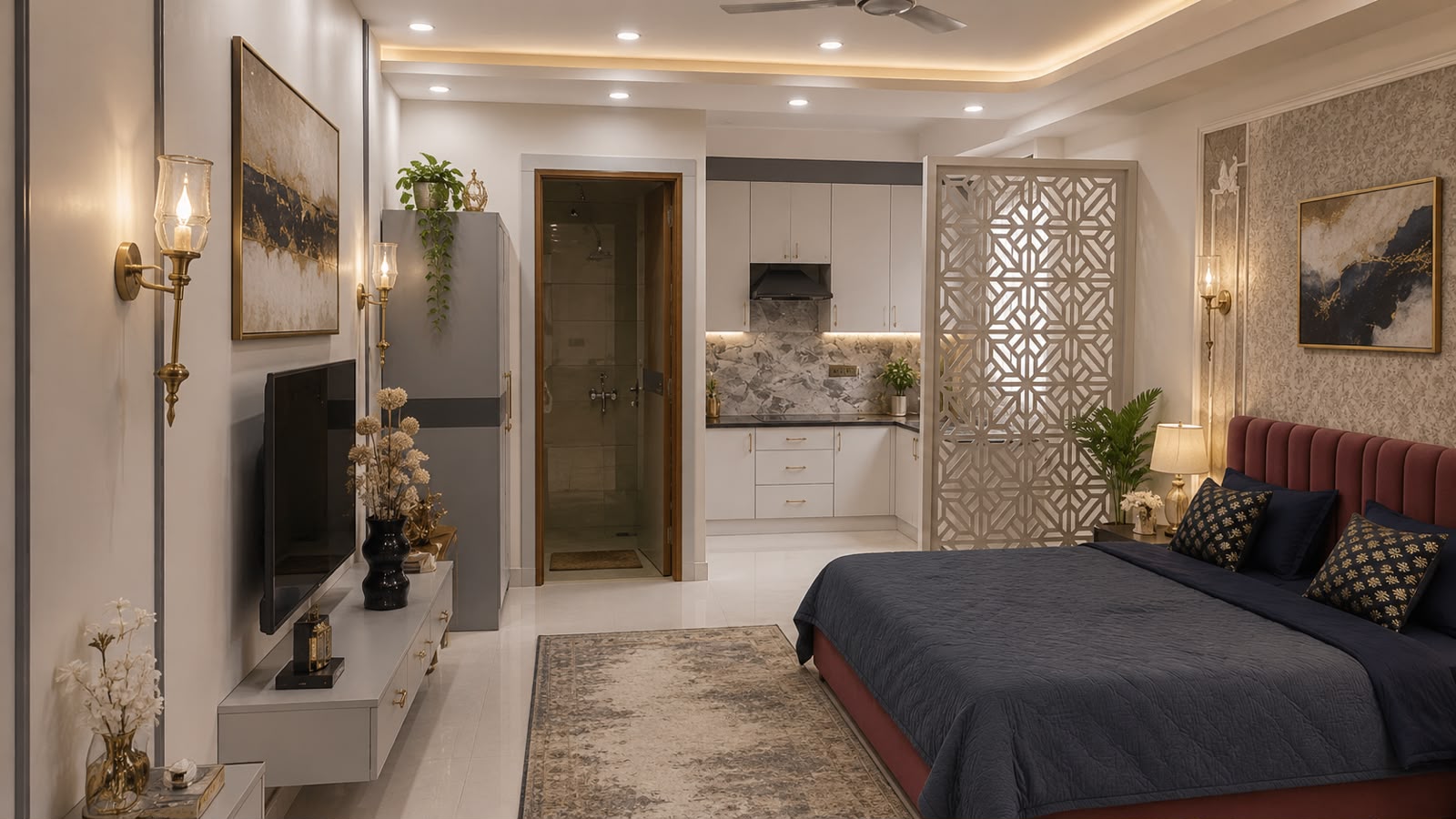 Full studio layout with kitchenette and washroom