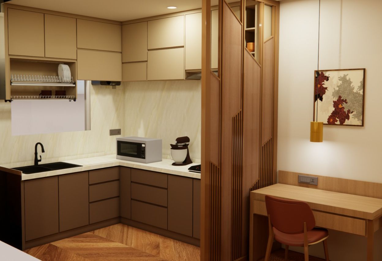 Modern kitchenette with work desk